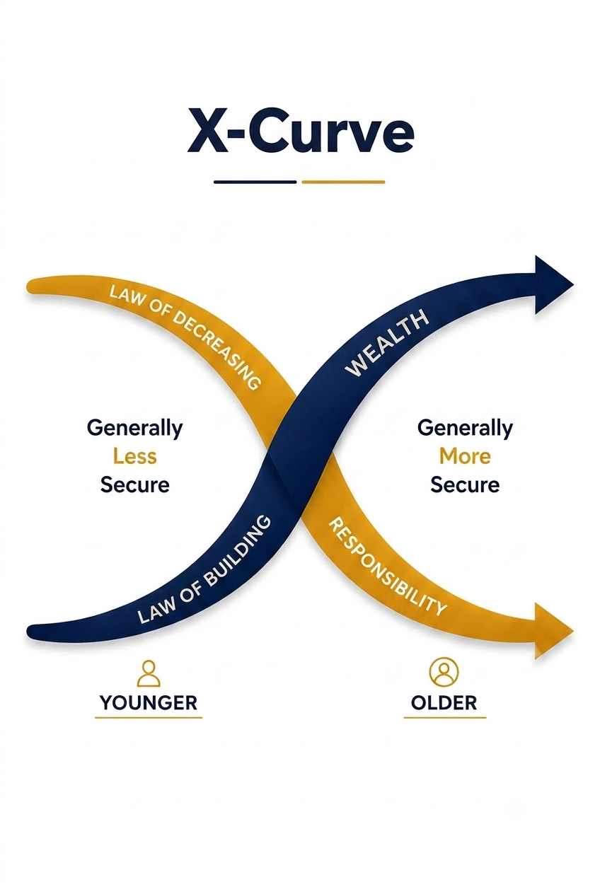 The X-Curve Concept: Law of Decreasing Responsibility and Law of Building Wealth